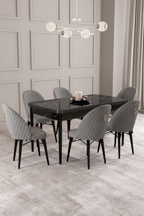 Arya Siyah Mermer Desen 80X132 Mdf Açılabilir Yemek Masası Takımı 6 Adet Sandalye