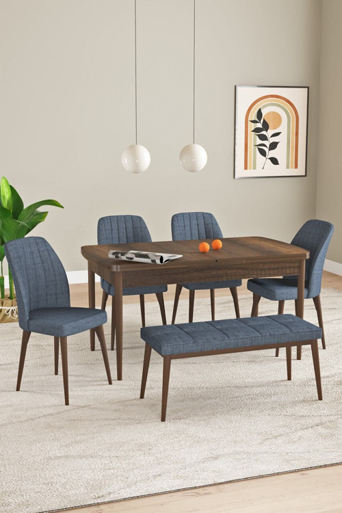 Elis Barok Desen 80X132 Açılabilir Yemek Odası Takımı 4 Sandalye, 1 Bench