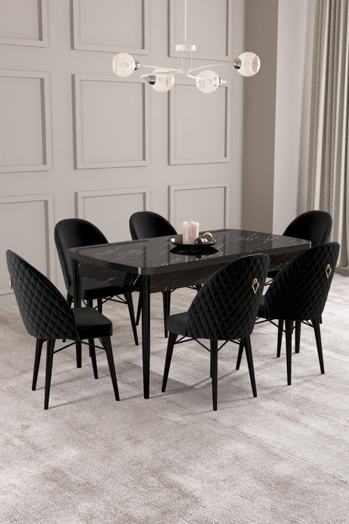 Arya Siyah Mermer Desen 80X132 Mdf Açılabilir Yemek Masası Takımı 6 Adet Sandalye