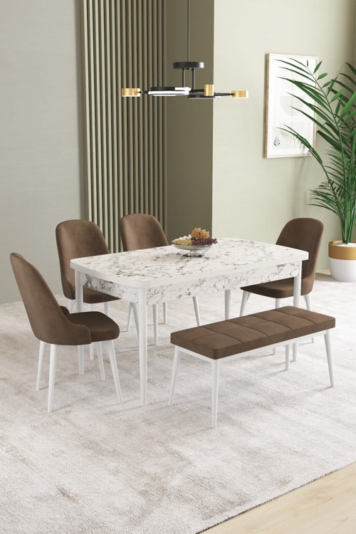 Ikon Beyaz Mermer Desen 80X132 Mdf Açılabilir Mutfak Masası Takımı 4 Sandalye, 1 Bench