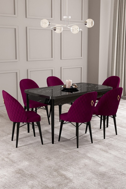 Arya Siyah Mermer Desen 80X132 Mdf Açılabilir Yemek Masası Takımı 6 Adet Sandalye