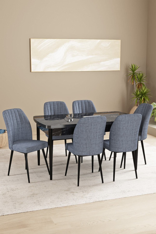 Daisy Mdf Siyah Mermer Desen Açılabilir 80X132 Cm 6 Sandalyeli Mutfak Masası Takımı