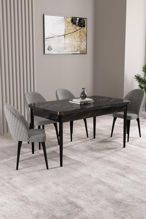 Lima Siyah Mermer Desen 80X132 Mdf Açılabilir Yemek Masası Takımı 4 Adet Sandalye