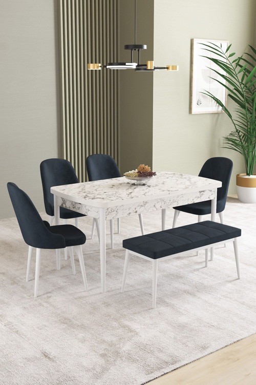 Ikon Beyaz Mermer Desen 80X132 Mdf Açılabilir Mutfak Masası Takımı 4 Sandalye, 1 Bench