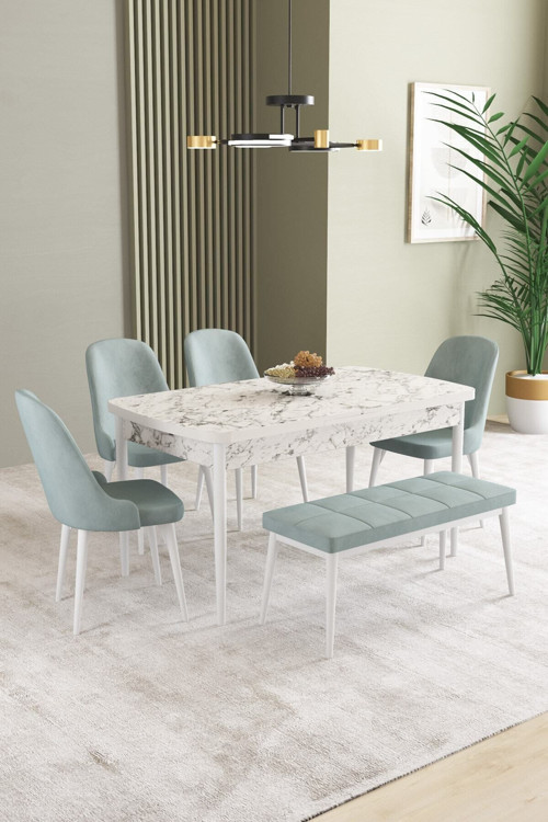 Ikon Beyaz Mermer Desen 80X132 Mdf Açılabilir Mutfak Masası Takımı 4 Sandalye, 1 Bench
