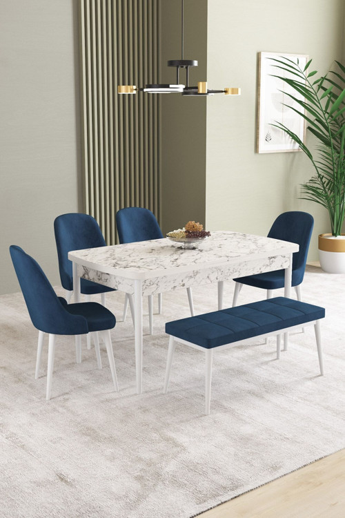 Ikon Beyaz Mermer Desen 80X132 Mdf Açılabilir Mutfak Masası Takımı 4 Sandalye, 1 Bench