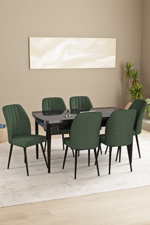 Daisy Mdf Siyah Mermer Desen Açılabilir 80X132 Cm 6 Sandalyeli Mutfak Masası Takımı