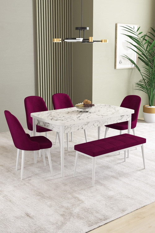 Ikon Beyaz Mermer Desen 80X132 Mdf Açılabilir Mutfak Masası Takımı 4 Sandalye, 1 Bench