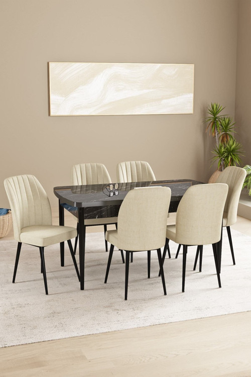 Daisy Mdf Siyah Mermer Desen Açılabilir 70X132 Cm 6 Sandalyeli Mutfak Masası Takımı