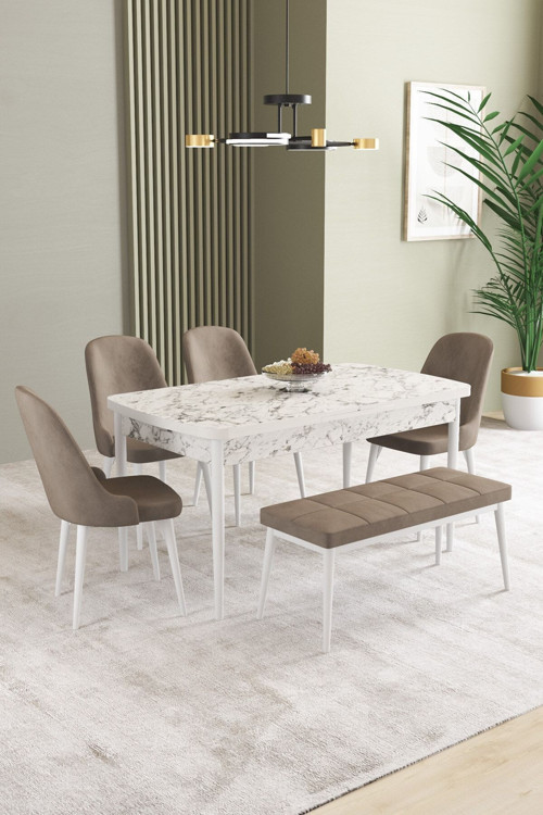 Ikon Beyaz Mermer Desen 80X132 Mdf Açılabilir Mutfak Masası Takımı 4 Sandalye, 1 Bench