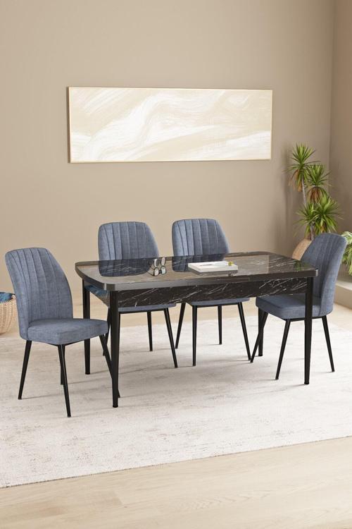 Daisy Mdf Siyah Mermer Desen Açılabilir 80X132 Cm 4 Sandalyeli Mutfak Masası Takımı