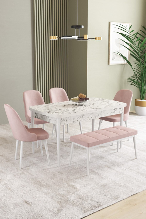 Ikon Beyaz Mermer Desen 80X132 Mdf Açılabilir Mutfak Masası Takımı 4 Sandalye, 1 Bench
