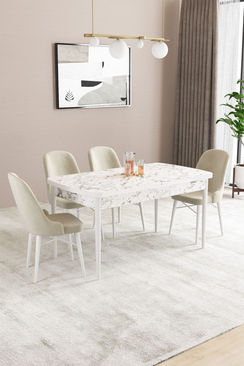 Fonza Beyaz Mermer Desen 80X132 Mdf Açılabilir Mutfak Masası Takımı 4 Adet Sandalye