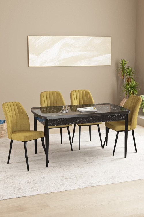 Daisy Mdf Siyah Mermer Desen Açılabilir 80X132 Cm 4 Sandalyeli Mutfak Masası Takımı