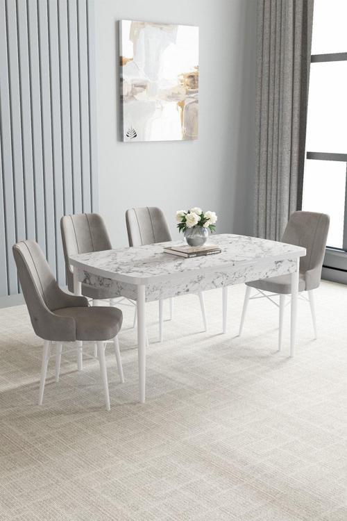 Jusie Beyaz Mermer Desen 80X132 Açılabilir Mutfak Masası Takımı 4 Adet Sandalye