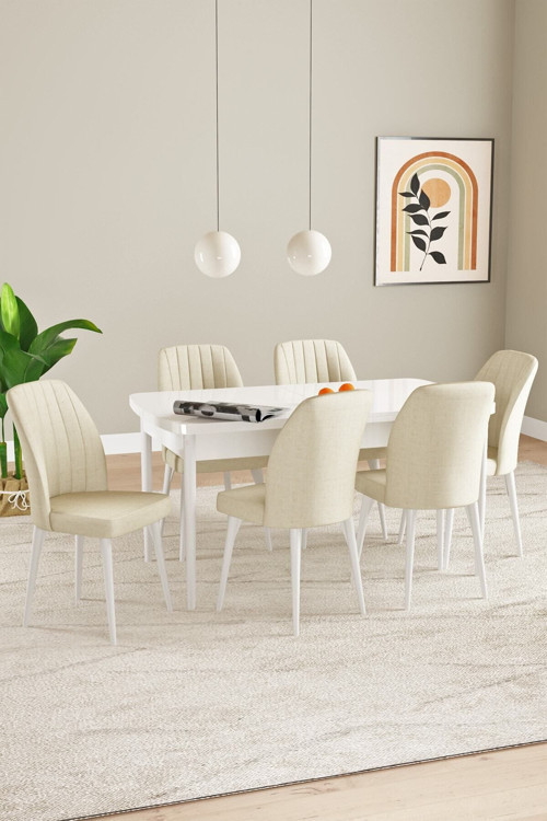 Elis Beyaz Mermer Desen 80X132 Açılabilir Yemek Odası Takımı 6 Adet Sandalye