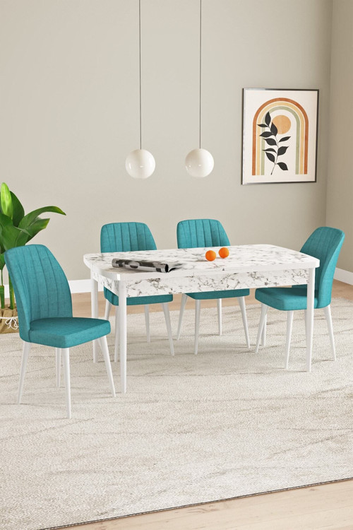 Laris Beyaz Mermer Desen 80 X 132 Açılabilir Mdf Mutfak Masa Takımı 4 Sandalye