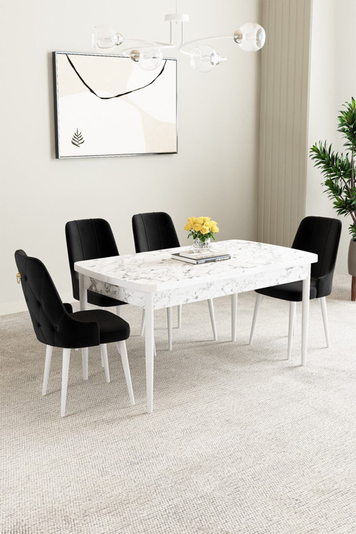Ashira Mdf Beyaz Mermer Desen Açılabilir 70X114 Cm 4 Sandalyeli Mutfak Masası Takımı