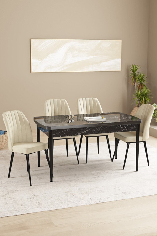 Daisy Mdf Siyah Mermer Desen Açılabilir 80X132 Cm 4 Sandalyeli Mutfak Masası Takımı