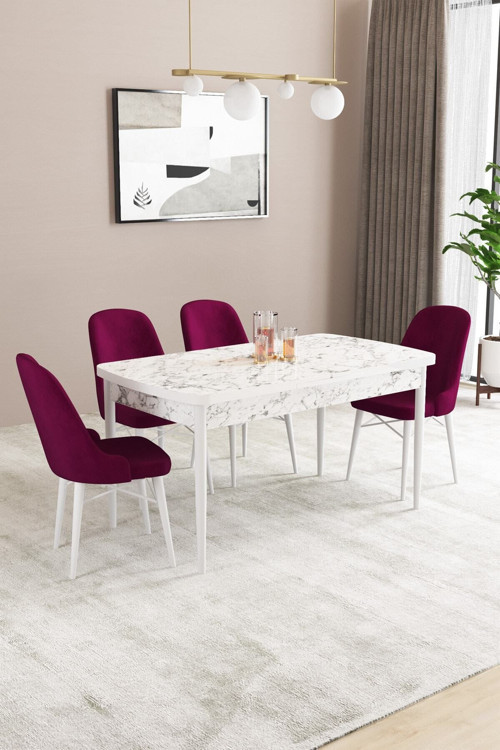 Fonza Beyaz Mermer Desen 80X132 Mdf Açılabilir Mutfak Masası Takımı 4 Adet Sandalye
