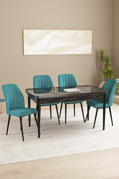 Daisy Mdf Siyah Mermer Desen Açılabilir 80X132 Cm 4 Sandalyeli Mutfak Masası Takımı