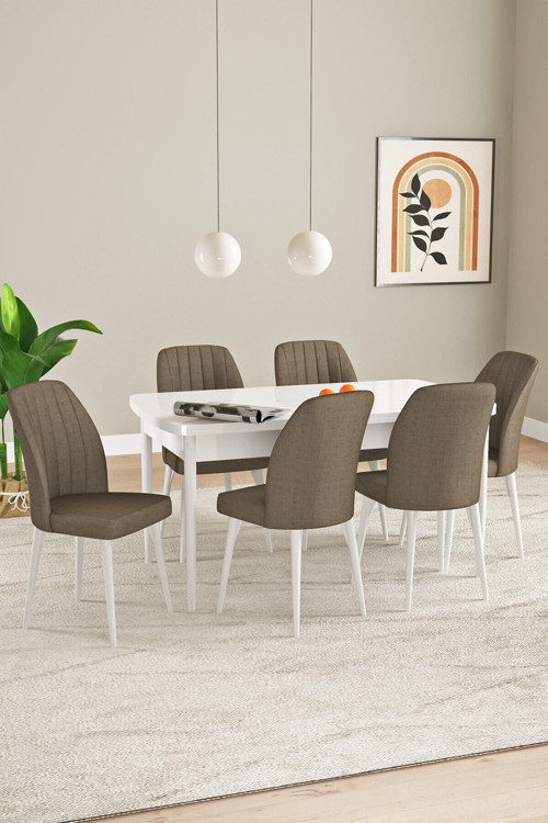Elis Beyaz Mermer Desen 80X132 Açılabilir Yemek Odası Takımı 6 Adet Sandalye