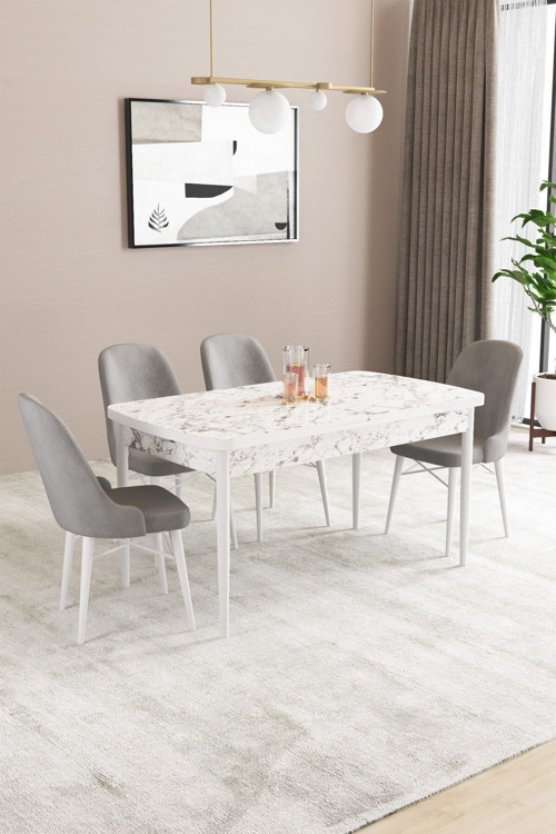 Fonza Beyaz Mermer Desen 80X132 Mdf Açılabilir Mutfak Masası Takımı 4 Adet Sandalye