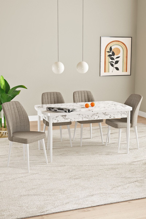 Laris Beyaz Mermer Desen 80 X 132 Açılabilir Mdf Mutfak Masa Takımı 4 Sandalye