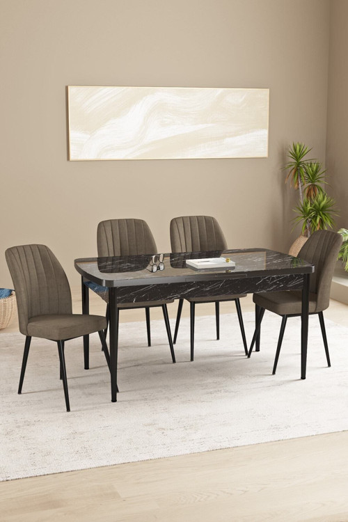 Daisy Mdf Siyah Mermer Desen Açılabilir 80X132 Cm 4 Sandalyeli Mutfak Masası Takımı