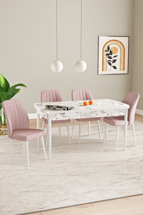 Laris Beyaz Mermer Desen 80 X 132 Açılabilir Mdf Mutfak Masa Takımı 4 Sandalye