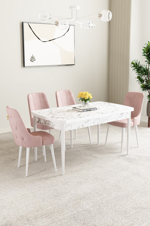 Ashira Mdf Beyaz Mermer Desen Açılabilir 70X114 Cm 4 Sandalyeli Mutfak Masası Takımı