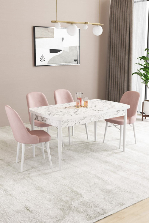 Fonza Beyaz Mermer Desen 80X132 Mdf Açılabilir Mutfak Masası Takımı 4 Adet Sandalye