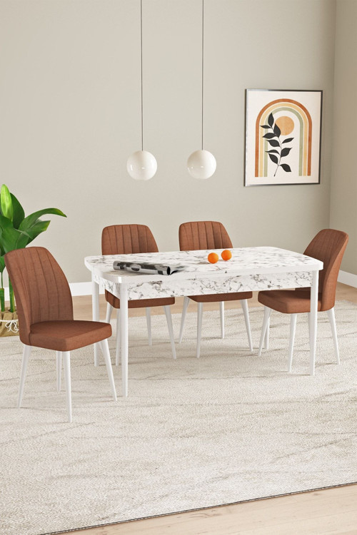 Laris Beyaz Mermer Desen 80 X 132 Açılabilir Mdf Mutfak Masa Takımı 4 Sandalye