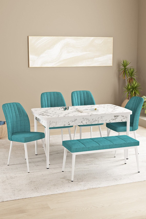 Floryn Beyaz Mermer Desen 80 X 132 Benchli Açılabilir Mdf Mutfak Masa Takımı 4 Sandalye