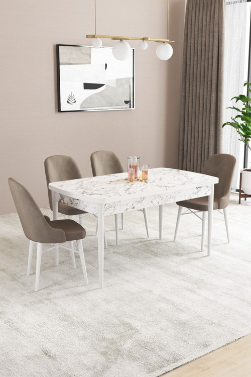Fonza Beyaz Mermer Desen 80X132 Mdf Açılabilir Mutfak Masası Takımı 4 Adet Sandalye