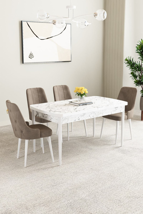Ashira Mdf Beyaz Mermer Desen Açılabilir 70X114 Cm 4 Sandalyeli Mutfak Masası Takımı