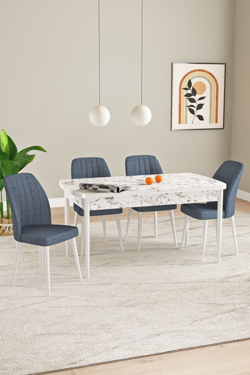 Laris Beyaz Mermer Desen 80 X 132 Açılabilir Mdf Mutfak Masa Takımı 4 Sandalye