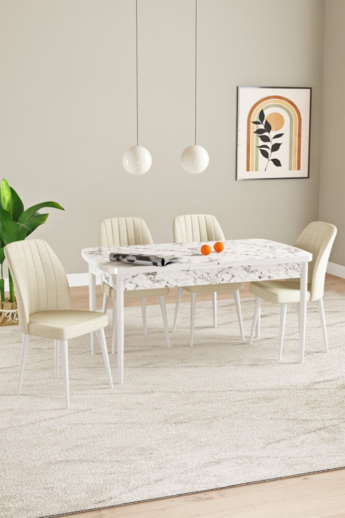 Laris Beyaz Mermer Desen 80 X 132 Açılabilir Mdf Mutfak Masa Takımı 4 Sandalye