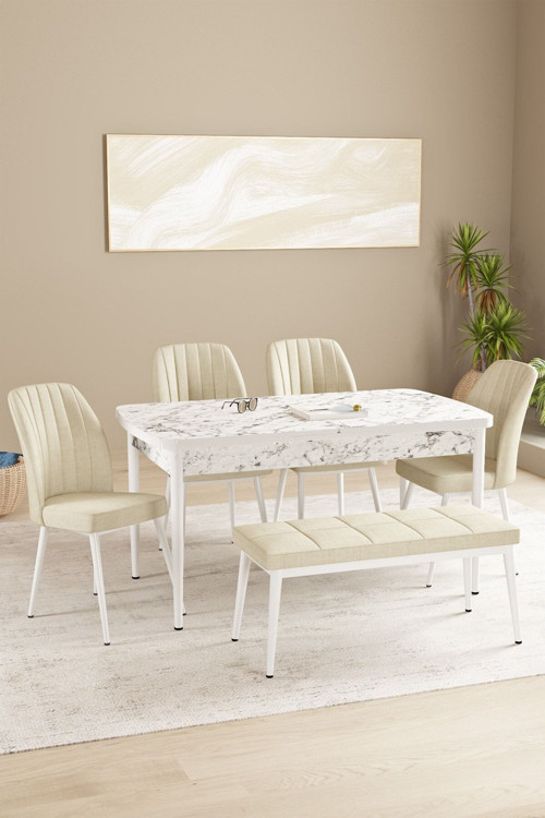 Floryn Beyaz Mermer Desen 80 X 132 Benchli Açılabilir Mdf Mutfak Masa Takımı 4 Sandalye