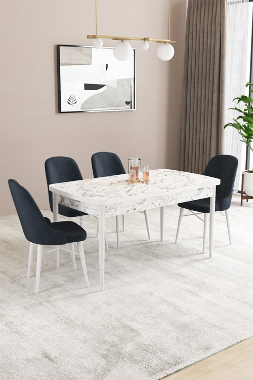 Fonza Beyaz Mermer Desen 80X132 Mdf Açılabilir Mutfak Masası Takımı 4 Adet Sandalye