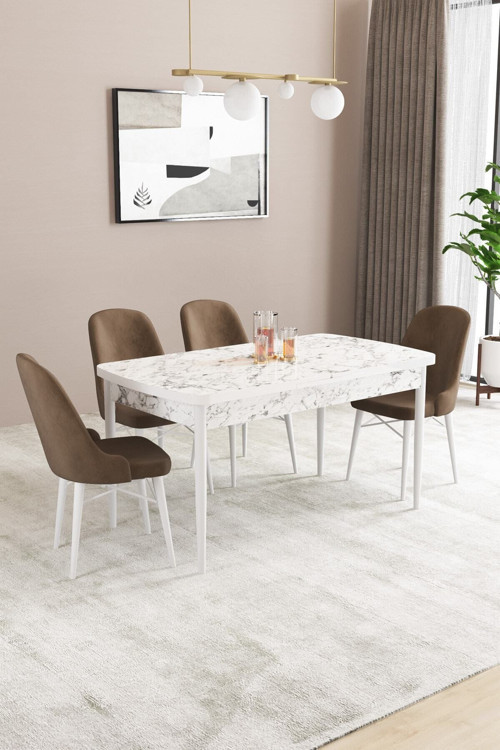 Fonza Beyaz Mermer Desen 80X132 Mdf Açılabilir Mutfak Masası Takımı 4 Adet Sandalye