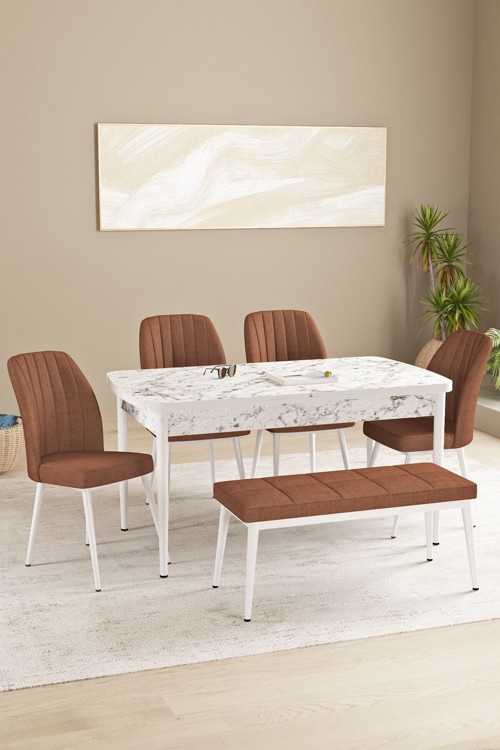 Floryn Beyaz Mermer Desen 80 X 132 Benchli Açılabilir Mdf Mutfak Masa Takımı 4 Sandalye