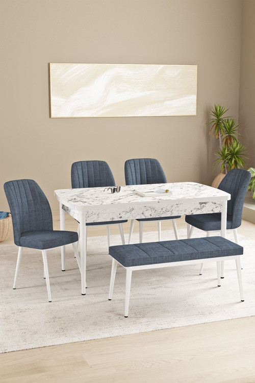 Floryn Beyaz Mermer Desen 80 X 132 Benchli Açılabilir Mdf Mutfak Masa Takımı 4 Sandalye