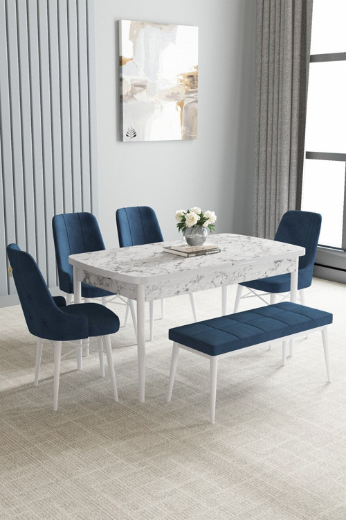 Arvela Beyaz Mermer Desen 80X132 Mdf Açılabilir Mutfak Masası Takımı 4 Sandalye, 1 Bench