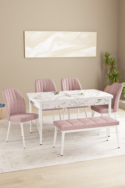 Floryn Beyaz Mermer Desen 80 X 132 Benchli Açılabilir Mdf Mutfak Masa Takımı 4 Sandalye