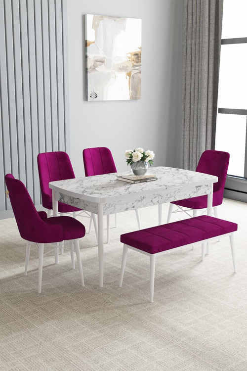 Arvela Beyaz Mermer Desen 80X132 Mdf Açılabilir Mutfak Masası Takımı 4 Sandalye, 1 Bench