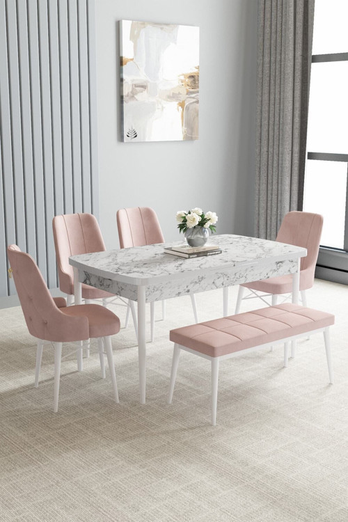 Arvela Beyaz Mermer Desen 80X132 Mdf Açılabilir Mutfak Masası Takımı 4 Sandalye, 1 Bench
