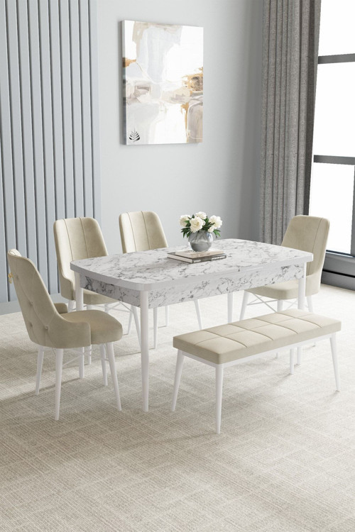 Arvela Beyaz Mermer Desen 80X132 Mdf Açılabilir Mutfak Masası Takımı 4 Sandalye, 1 Bench