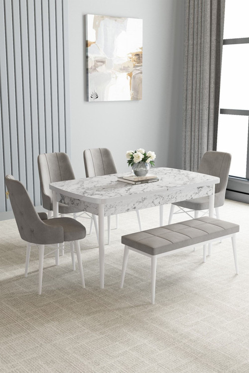 Arvela Beyaz Mermer Desen 80X132 Mdf Açılabilir Mutfak Masası Takımı 4 Sandalye, 1 Bench