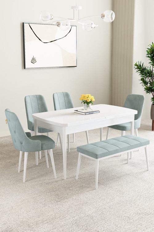 Mabel Beyaz Mermer Desen 80X132 Açılabilir Yemek Odası Takımı 4 Sandalye, 1 Bench